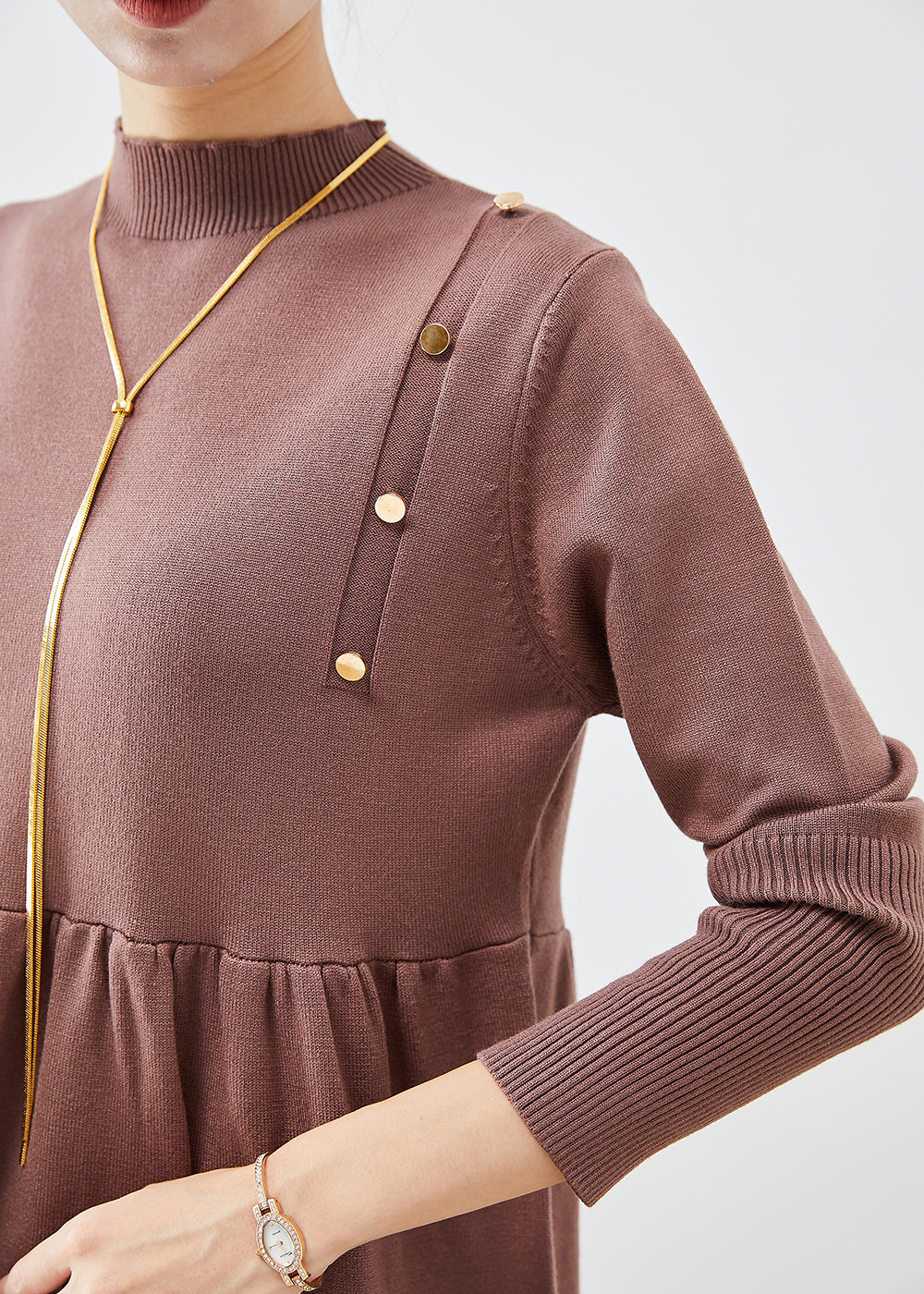 Brown Stand Collar Patchwork Button Knit Long Dress Fall