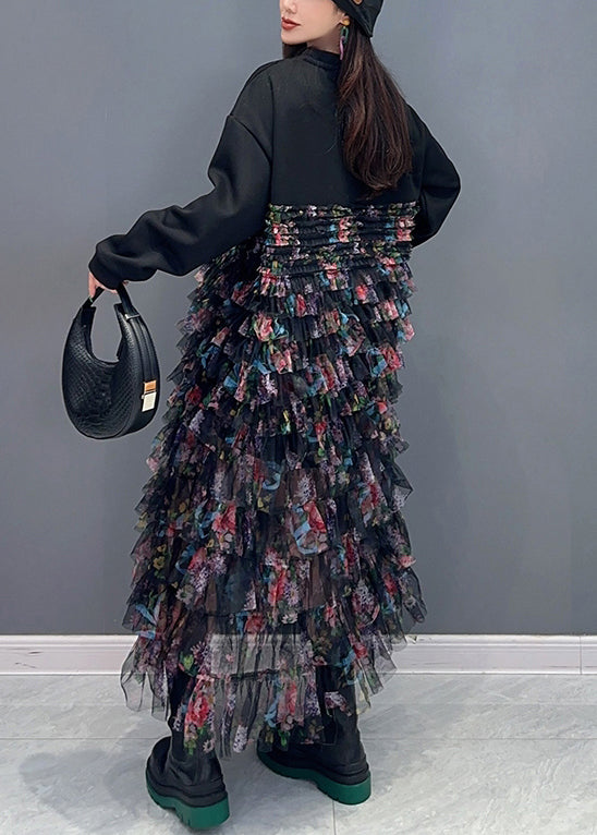 Black Print Chiffon Patchwork Dresses Long Sleeve