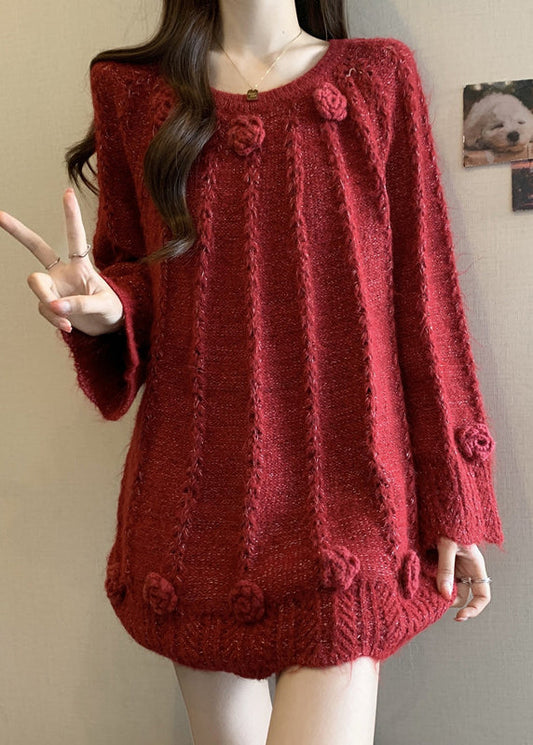 Red Decorated Knit Sweaters Oversized Fall