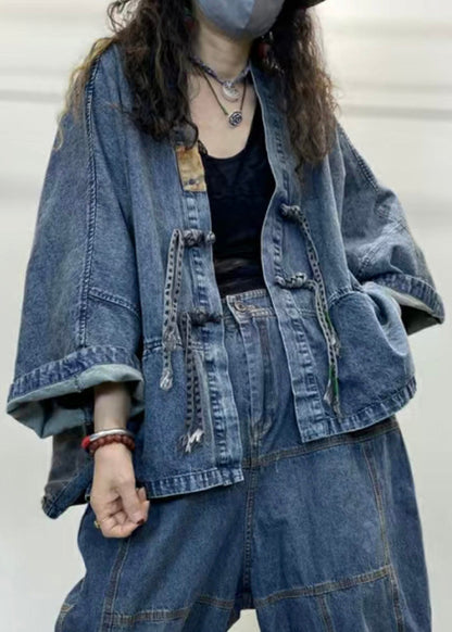 Loose Blue V Neck Button Patchwork Denim Coats Long Sleeve Spring