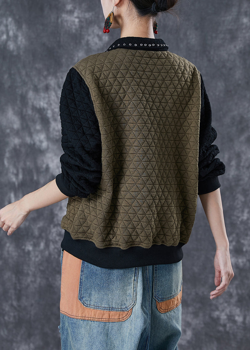 Army Green Patchwork Cotton Loose Sweatshirt Letter Embroideried Rivet Fall