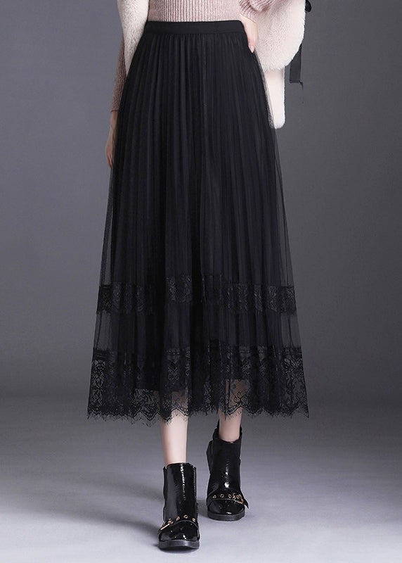 French Black Lace Patchwork Pleated Wear on Both Sides Fall Skirt