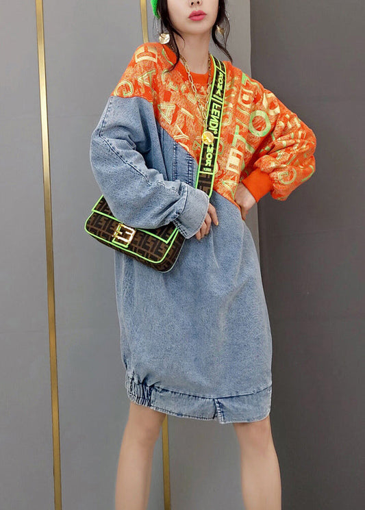 Red O-neck Print Knit Patchwork Denim Dresses Spring