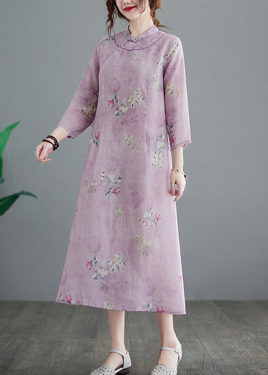 Stand Collar Button Print Linen Cheongsam Dress Three Quarter Sleeve
