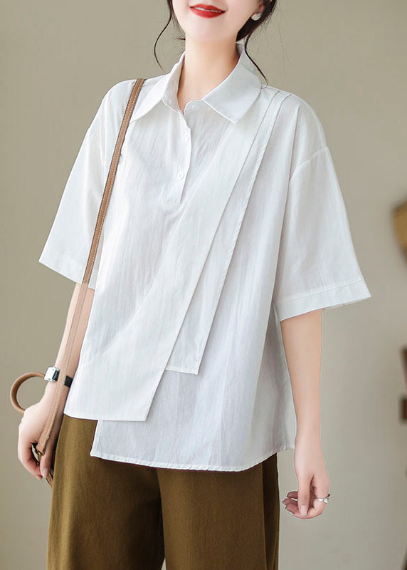 Green Peter Pan Collar Asymmetrical Cotton Shirt Top Summer
