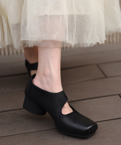 Original Coffee Chunky Heel Shoes New Cowhide Leather