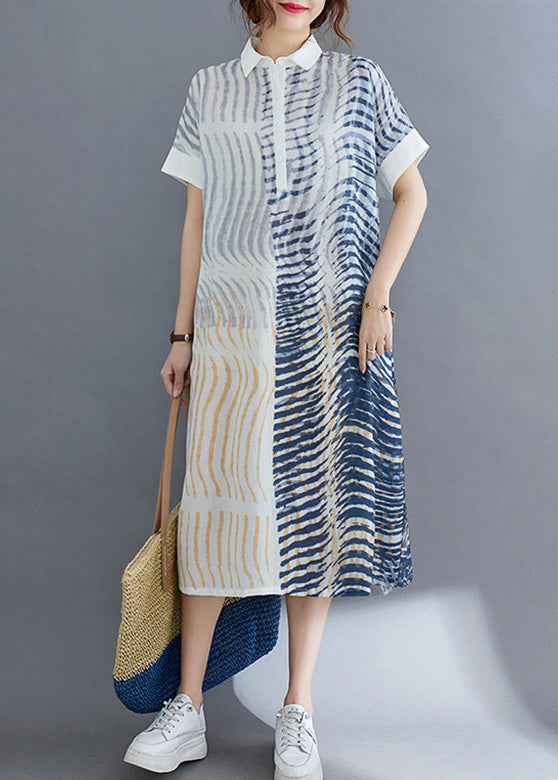 Striped Button Cotton Long Dress Short Sleeve
