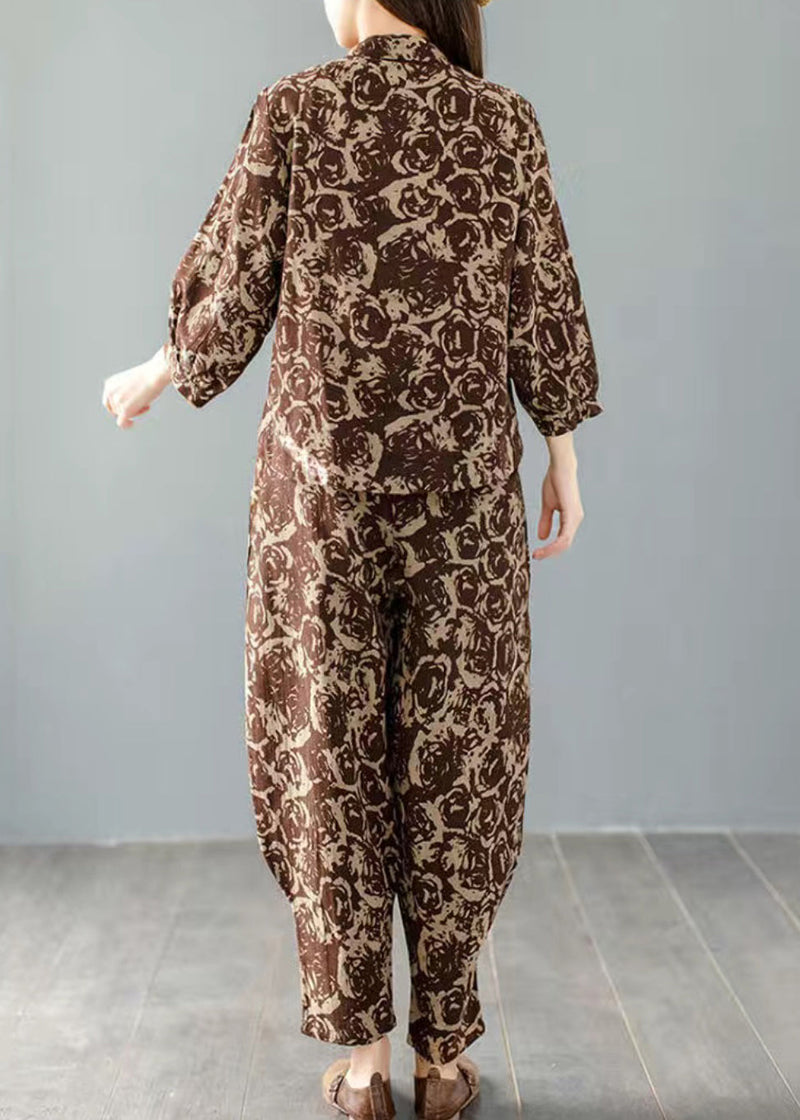Brown O-neck Button Two Pieces Set Bracelet Sleeve