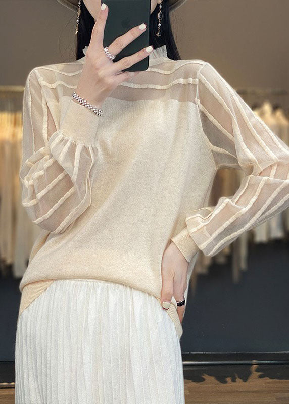 Unique Grey O-neck Ruffled Tulle Patchwork Woolen Top Long Sleeve