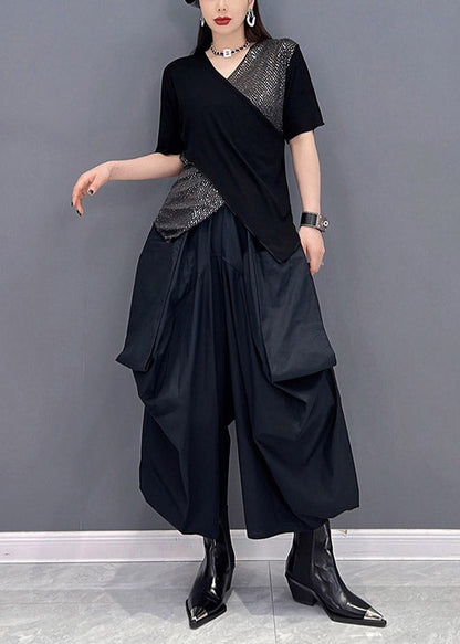 Art Black V Neck Sequins Patchwork Tanks and Wide Leg Pants Two Piece Set Summer