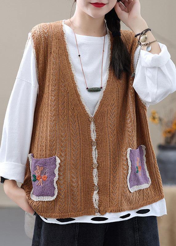 Style Khaki Embroideried Pockets Fall Shirt Knit Vest Sleeveless