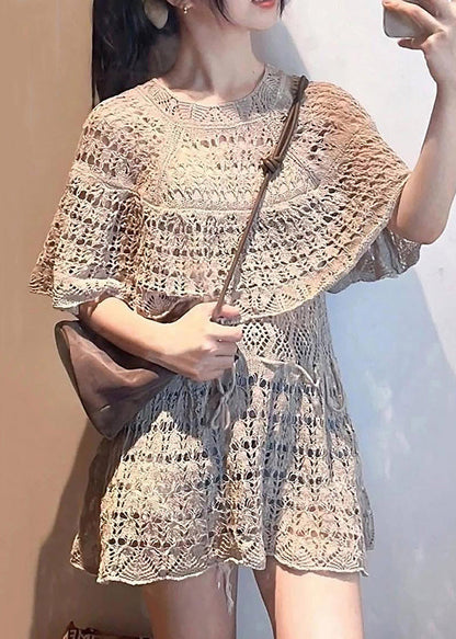 Stylish Grey Hollow Out Tie Waist Knit Tops Batwing Sleeve