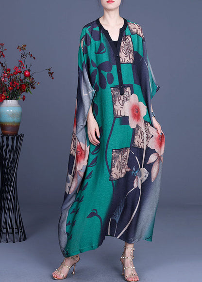 Green Button Print Fall Half Sleeve Dress