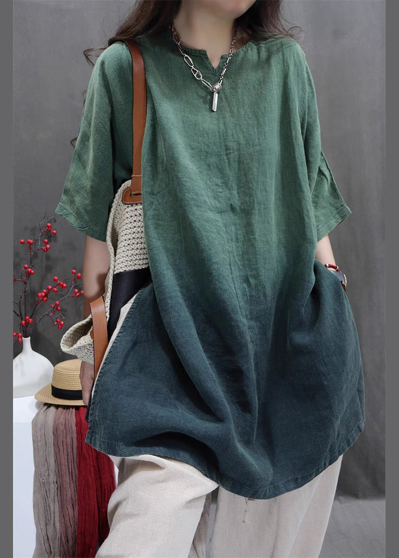 Gradient Green Linen Shirt Oversized Side Open Summer