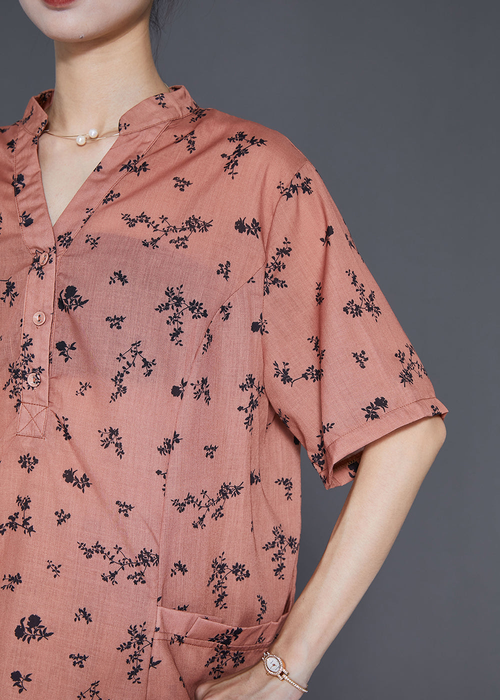 Orange Oversized Print Pockets Cotton Two Pieces Set Summer