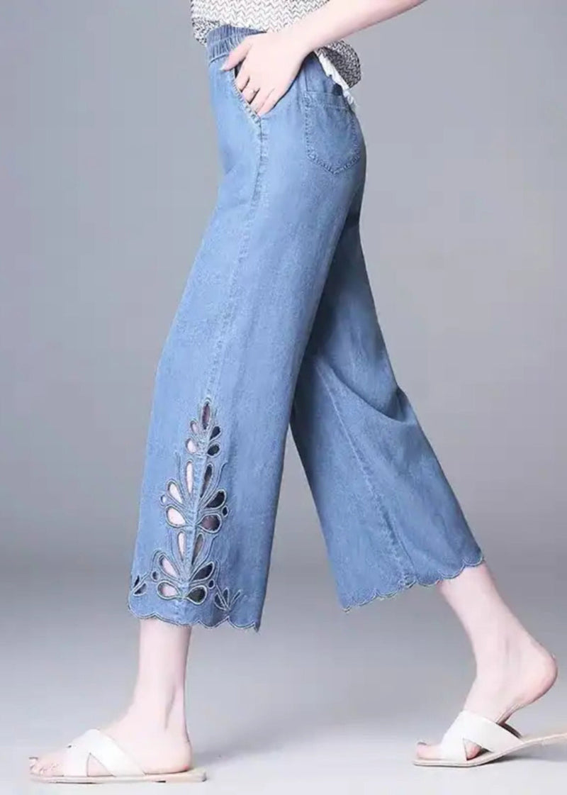 Blue High Waist Hollow Out Crop Jeans Summer