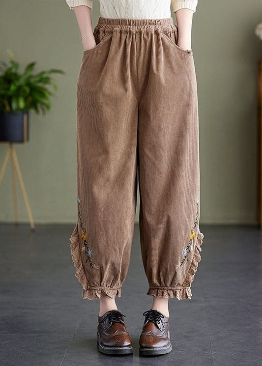 Khaki Embroideried Patchwork Lace Warm Fleece Corduroy Crop Pants Spring