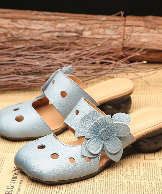 Blue Chunky Cowhide Leather Hollow Out Slide Sandals