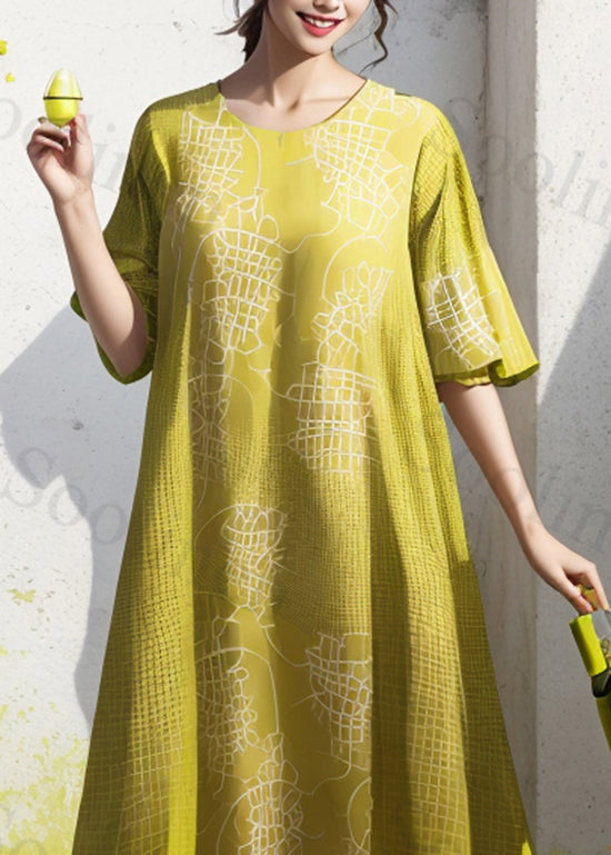Yellow Green O Neck Print Silk Dresses Summer