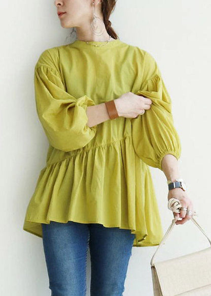 Yellow O-neck Patchwork Shirts Lantern Sleeve