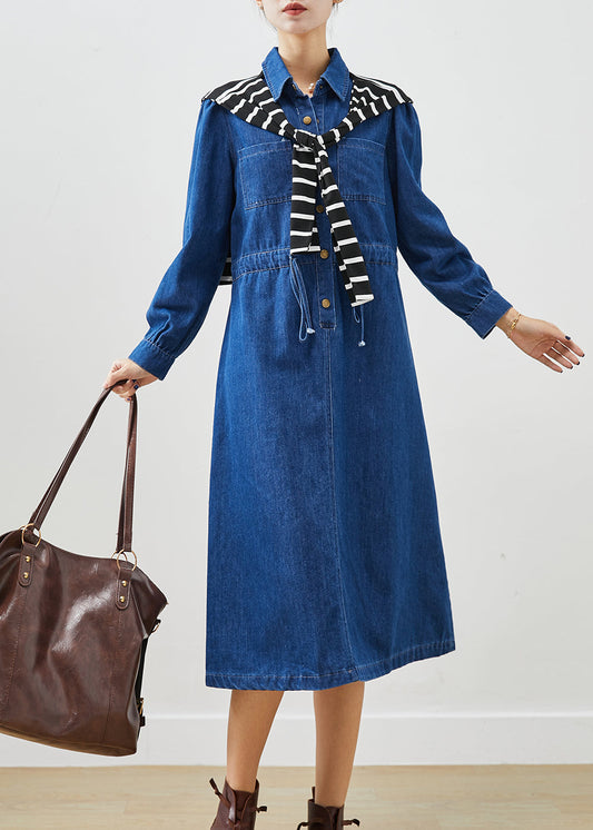 Blue Cinched Give Shawl Denim Long Dress Fall