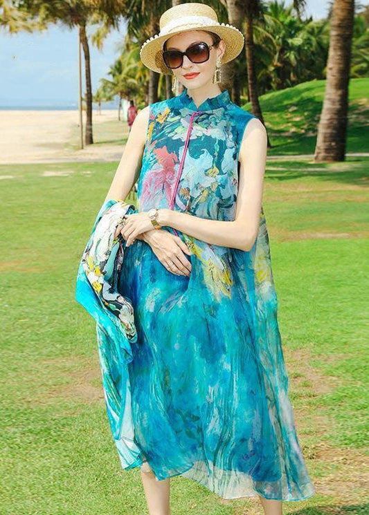 Blue O-neck Tasseled Print Silk Two Piece Set Outfits Summer