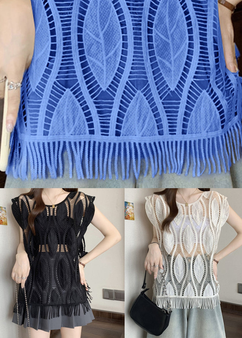 Loose Black Hollow Out Tasseled Cotton Tank Sleeveless