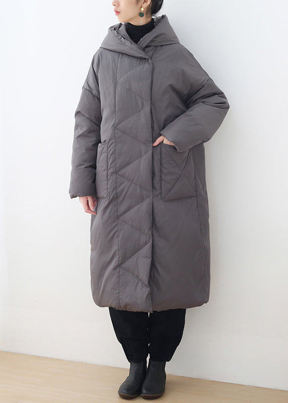 Grey Button Pockets Hooded Down Coat Long Sleeve