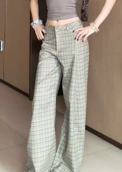 Plaid High Waist Cotton Wide Leg Pants Fall