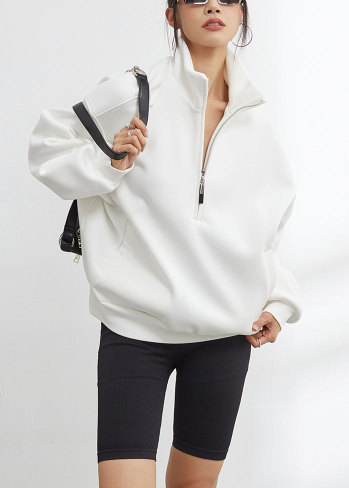 White Stand Collar Zip Up Warm Fleece Sweatshirt Winter