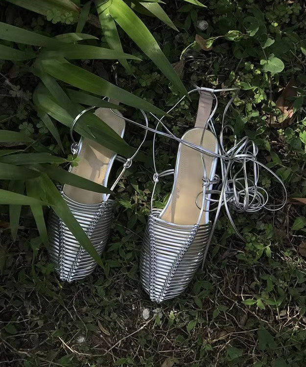 Lace Up Splicing Holiday Flat Sandals Silver Hollow Out