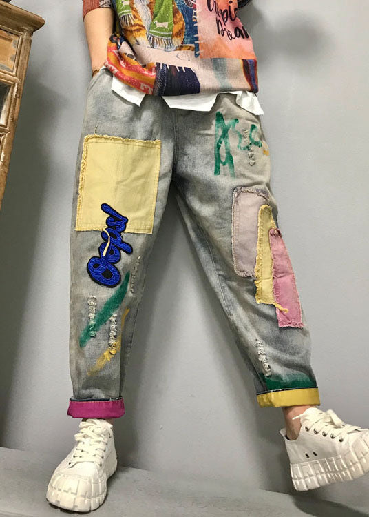 Light Blue Patch Applique Denim Pants Spring