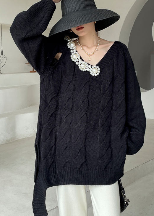 Black Cozy Knit Short Sweater V Neck Winter