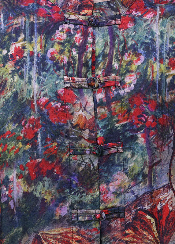 Red Print Oriental Button Silk Trench Coats Long Sleeve