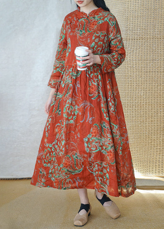 Chinese Style Red Mandarin Collar Cinched Print Linen Dress Long Sleeve