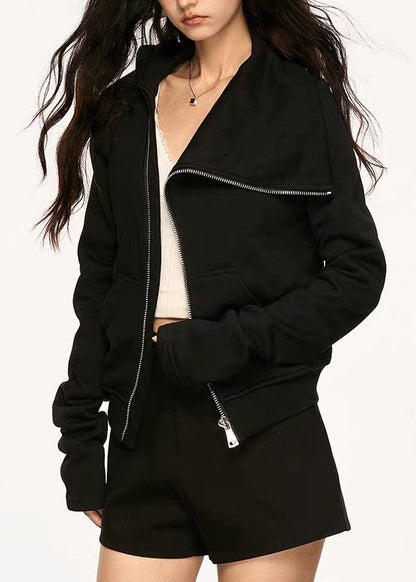 New Black Peter Pan Collar Zip Up Pockets Cotton Coats Fall