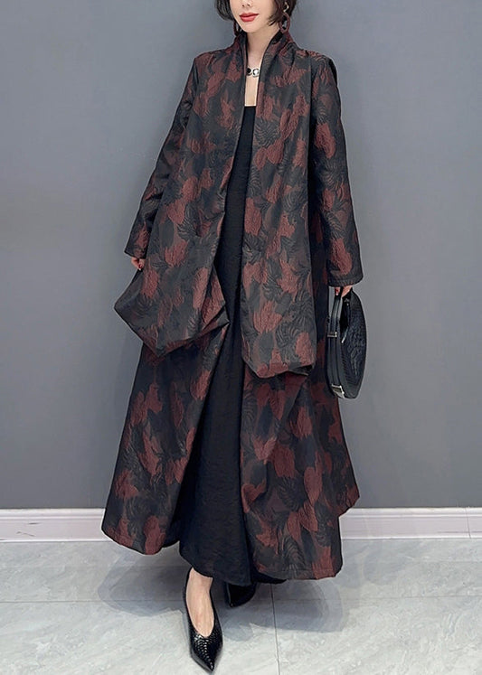 Brown Asymmetrical Jacquard Patchwork Cotton Cardigan Fall