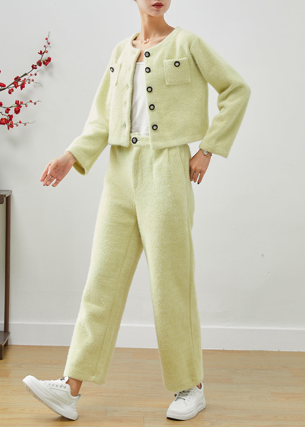 Fluorescent Green Thick Fuzzy Fur Fluffy Two Piece Set Outfits Fall