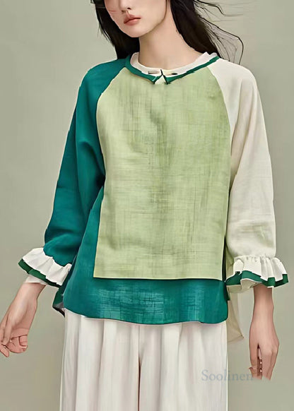 Grass Green Asymmetrical Patchwork Linen Blouse Top Summer