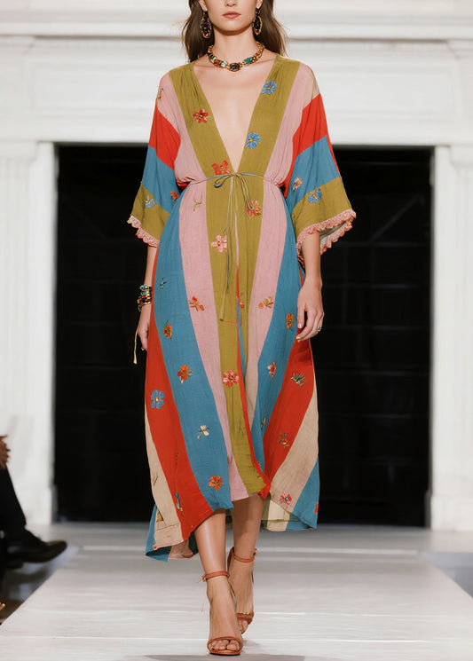French Colorblock V Neck Patchwork Cotton Dress Summer