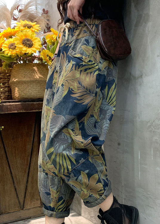 Blue Cinched Print Patchwork Denim Pants Spring