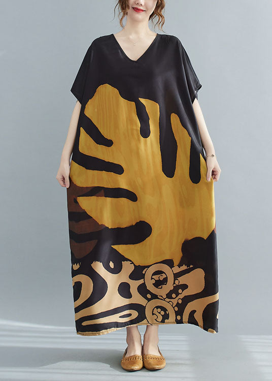 Loose Black V Neck Oversized Leaf Print Chiffon Long Dress Short Sleeve Summer