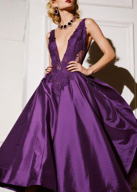 Purple V Neck Lace Patchwork Silk Dresses Summer