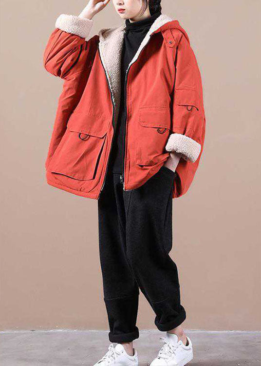 Orange Hooded Zippered Pockets Loose Winter Parkas Coat