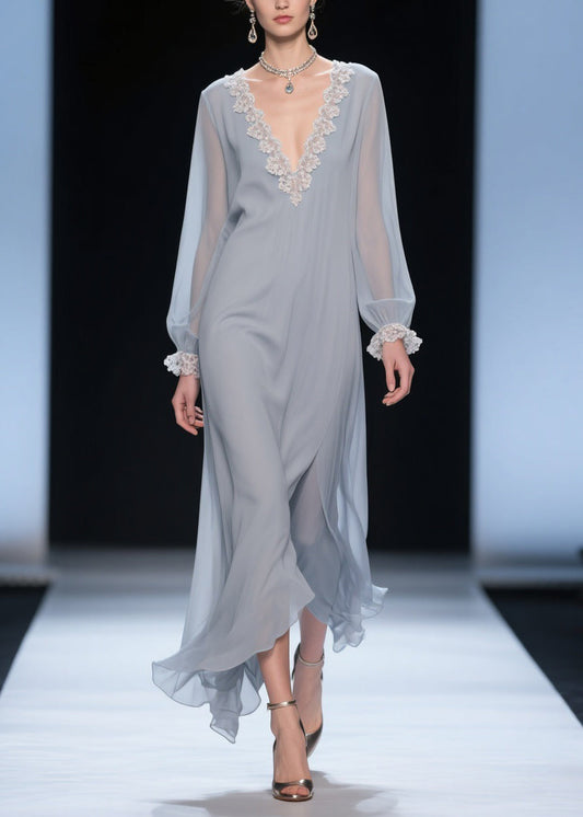 Grey Lace Chiffon Long Dress V Neck Butterfly Sleeve