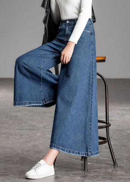 Blue High Waist Pockets Wide Leg Fall Denim Pants