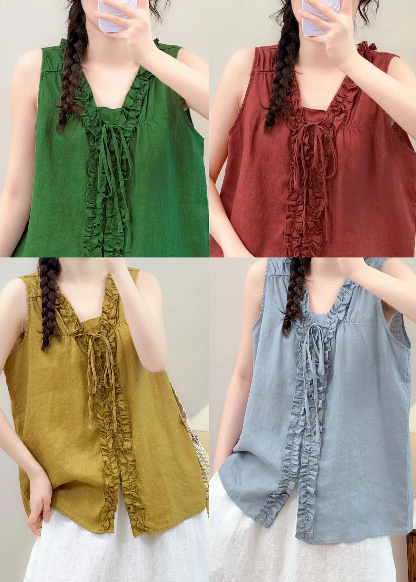 Yellow Ruffled Linen Shirt Tops Sleeveless
