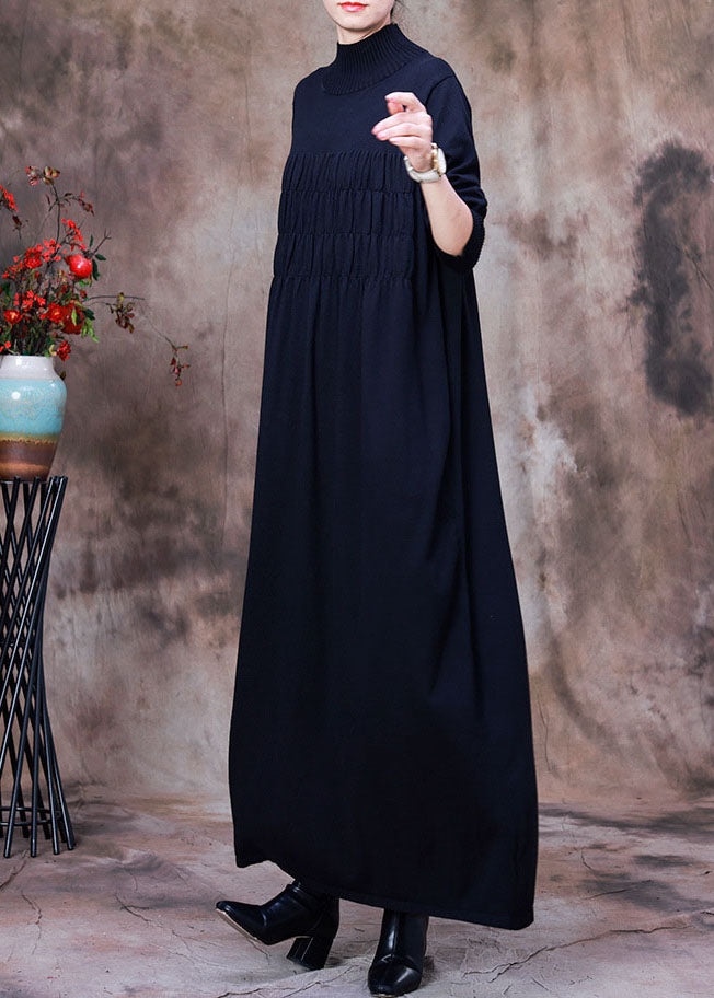Fitted Black Wrinkled Turtle Neck Knit Holiday Dresses Spring