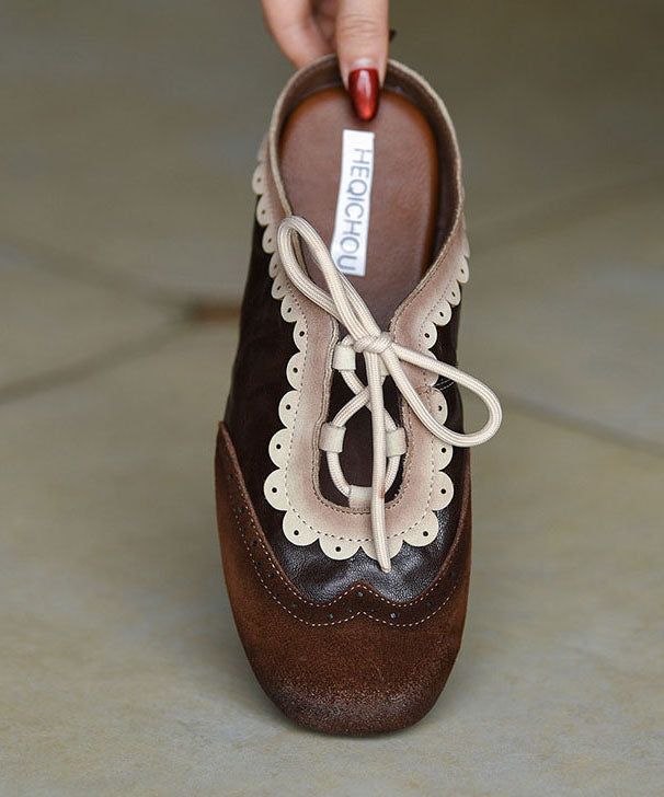 Chocolate Flat Embossed Lace Up Cowhide Leather Slippers