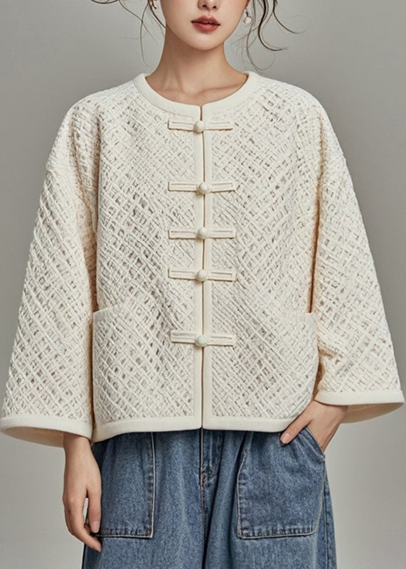 Fitted Beige O-neck Hollow Out Fall Coat